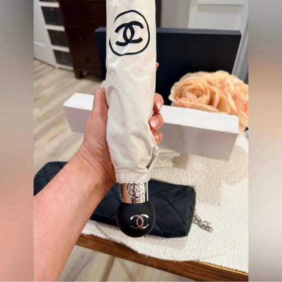 CC Cream and Black Printed Camellia Flower Umbrella - Picture 8 of 12